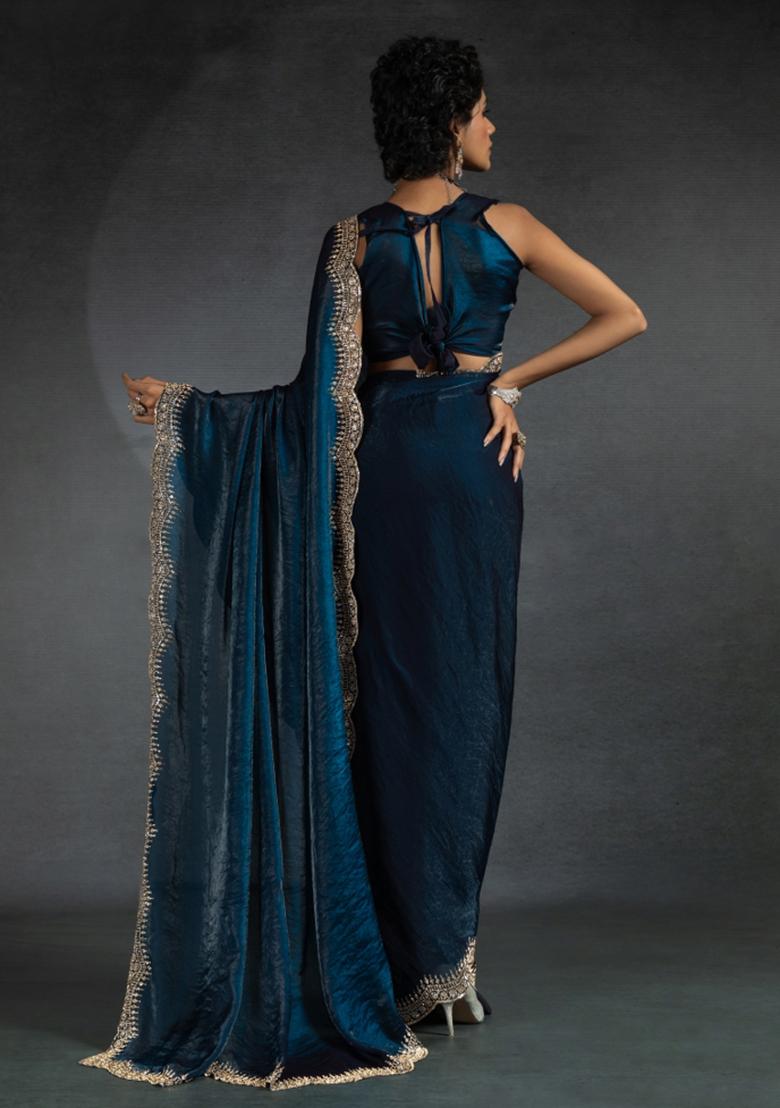 Morpeach Blue Embroidered Silk Saree Set