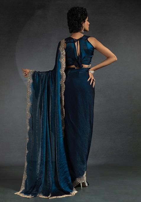 Morpeach Blue Embroidered Silk Saree Set