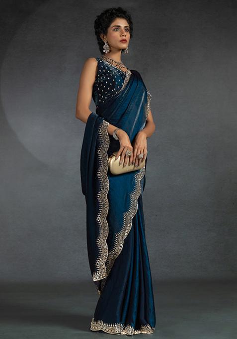 Morpeach Blue Embroidered Silk Saree Set