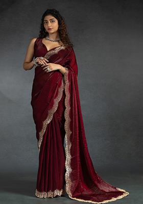 Maroon Embroidered Silk Saree Set