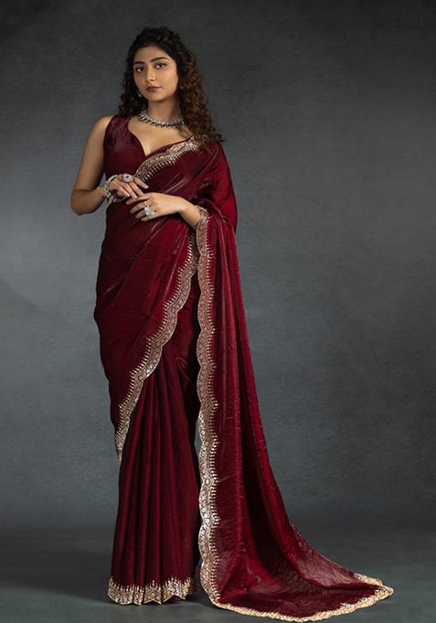 Maroon Embroidered Silk Saree Set