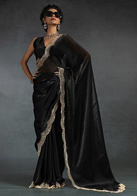 Black Embroidered Silk Saree Set