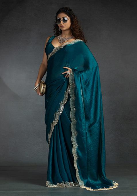 Firozi Blue Embroidered Silk Saree Set