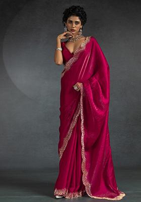Cherry Red Embroidered Silk Saree Set