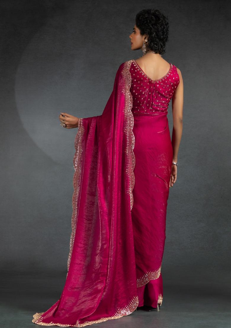 Cherry Red Embroidered Silk Saree Set - Indya