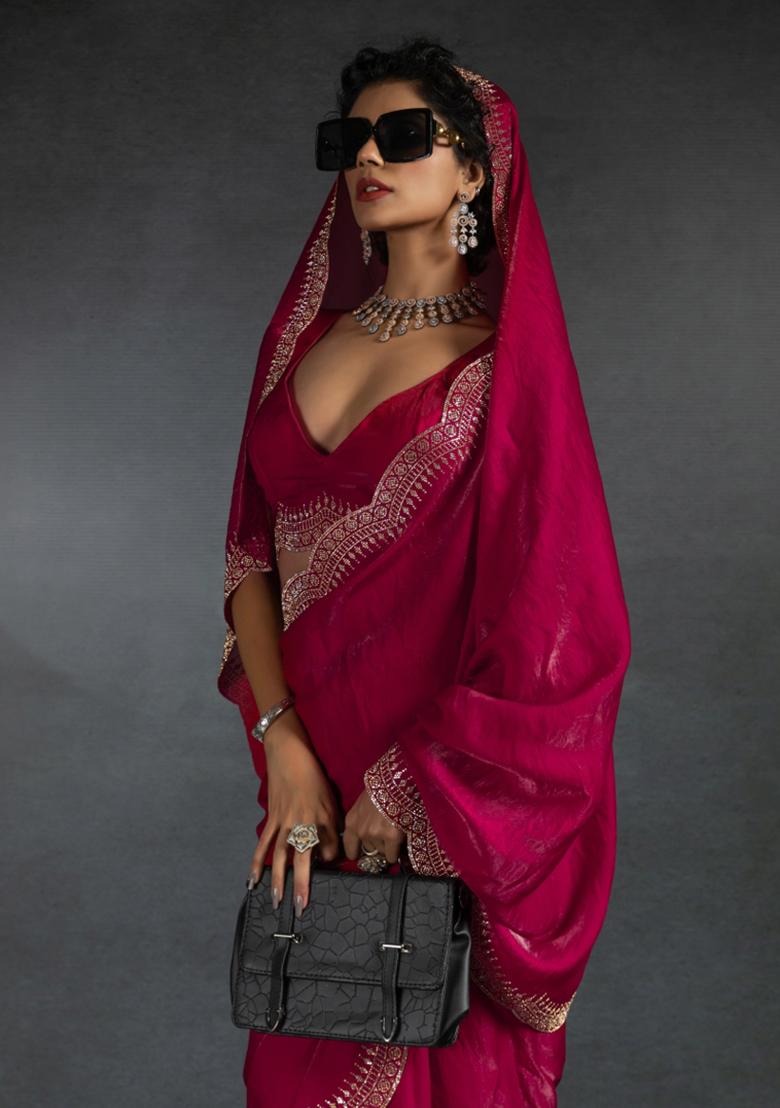 Cherry Red Embroidered Silk Saree Set - Indya