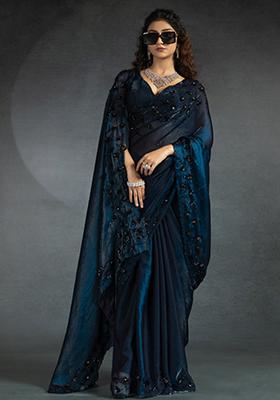 Morpeach Blue Embroidered Silk Saree Set