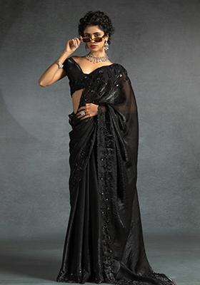 Black Embroidered Silk Saree Set