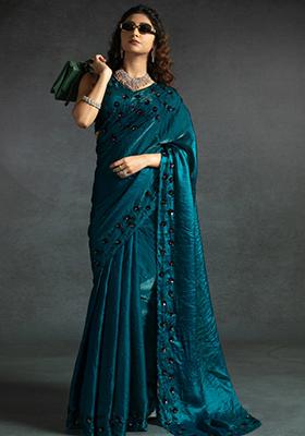 Firozi Blue Embroidered Silk Saree Set
