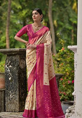 Cream Weaving Silk Saree Set