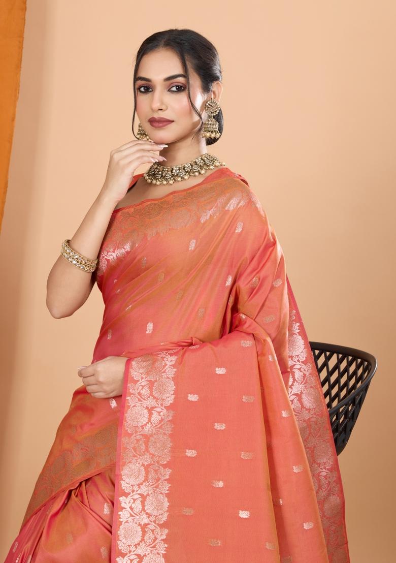 Light Peach Weaving Silk Saree Set - Indya