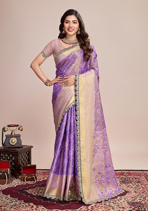 Purple Weaving Silk Saree Set