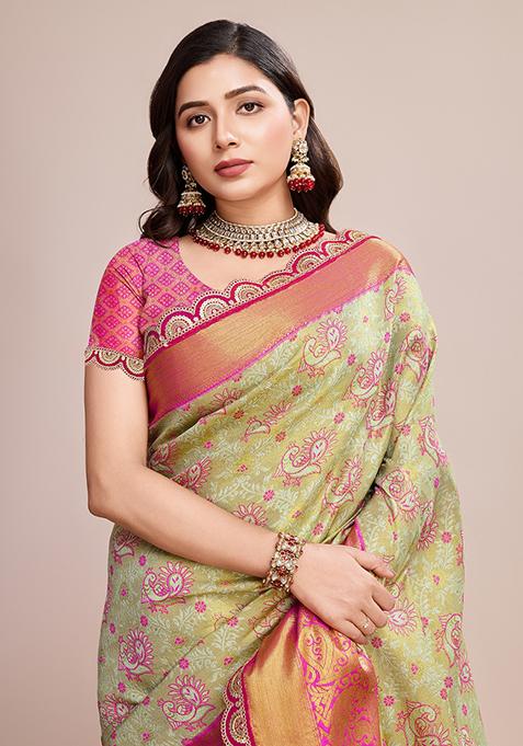 Pista Green Weaving Silk Saree Set
