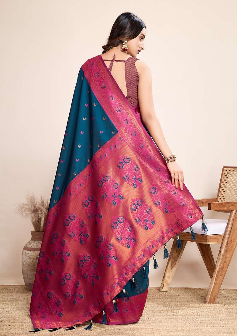 Blue Weaving Silk Saree Set - Indya
