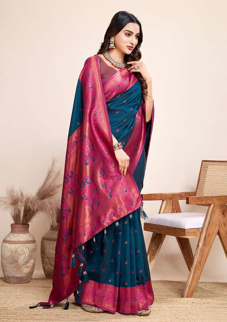 Blue Weaving Silk Saree Set - Indya