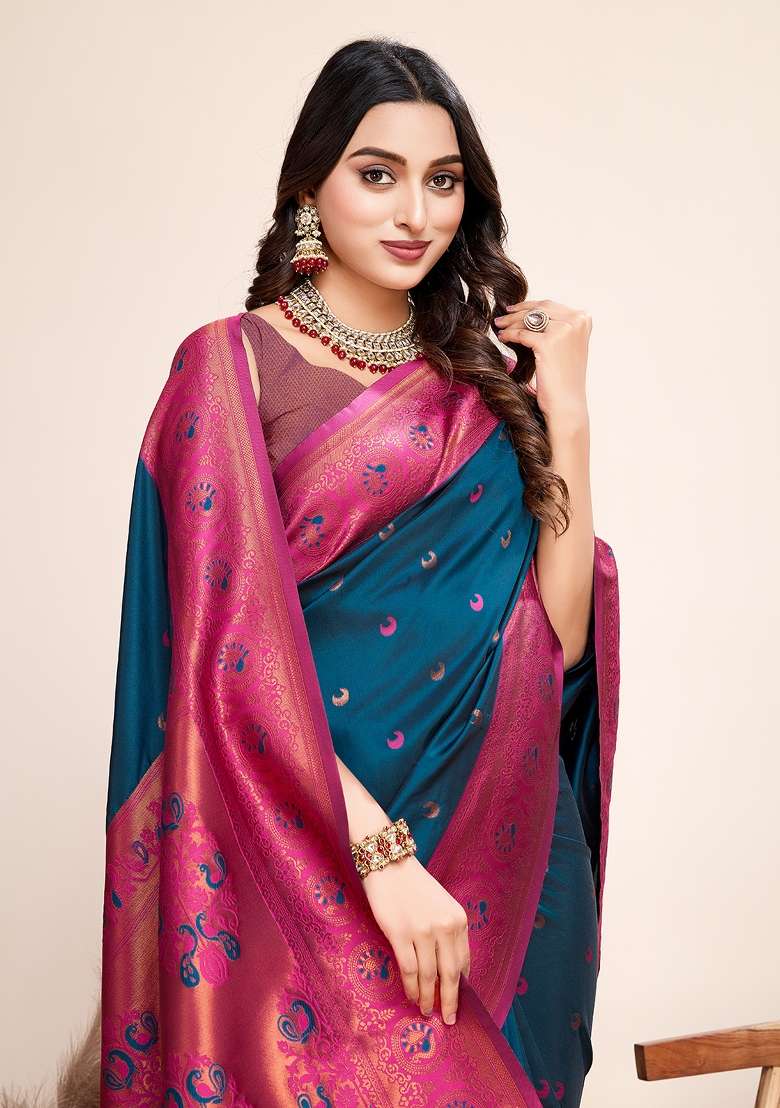 Blue Weaving Silk Saree Set - Indya
