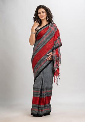 Grey Solid Cotton Saree Set