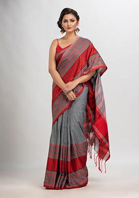 Grey Solid Cotton Saree Set