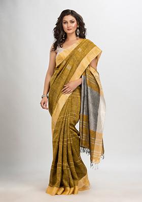 Mustard Yellow Woven Linen Saree Set