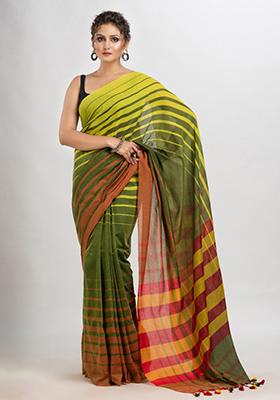 Dark Green Solid Cotton Blend Saree Set