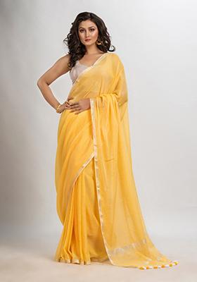 Lemon Yellow Solid Cotton Saree Set