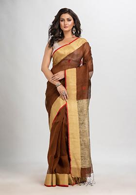 Coffee Brown Woven Silk Blend Saree Set