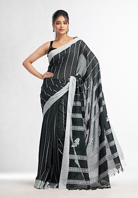Green Solid Cotton Saree Set