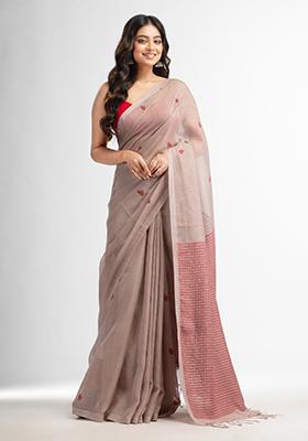 Beige Solid Silk Cotton Saree Set
