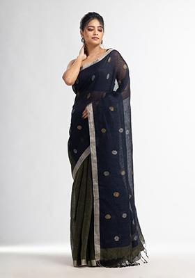 Green Solid Linen Saree Set