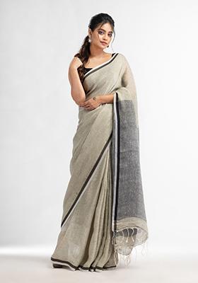 Grey Solid Linen Saree Set