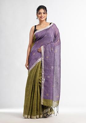 Green Solid Linen Saree Set