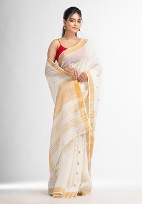 White Solid Linen Saree Set