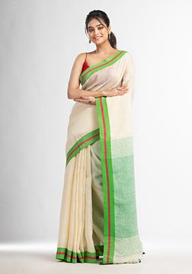 White Solid Linen Saree Set