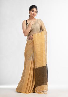 White Solid Zari Linen Saree Set