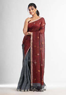 Grey Solid Linen Saree Set