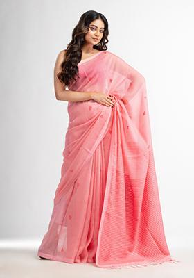Pink Solid Silk Cotton Saree Set
