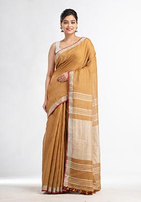 Orange Solid Linen Saree Set