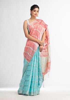 Pink Solid Linen Saree Set