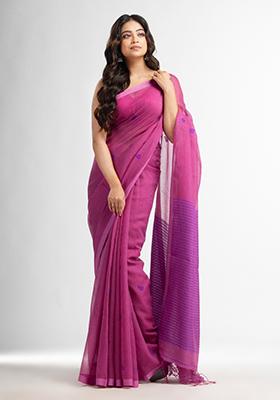 Magenta Purple Solid Silk Cotton Saree Set