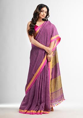 Pink Solid Linen Saree Set