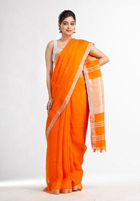 Orange Solid Linen Saree Set