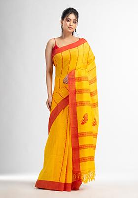 Yellow Solid Cotton Saree Set