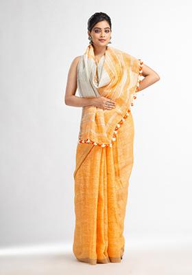 Orange Solid Linen Saree Set