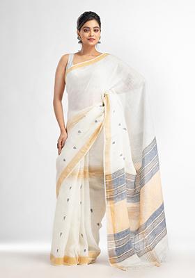 White Solid Linen Saree Set