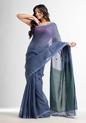 Blue Solid Silk Cotton Saree Set