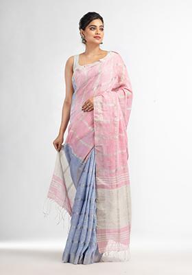 Pink Solid Linen Saree Set
