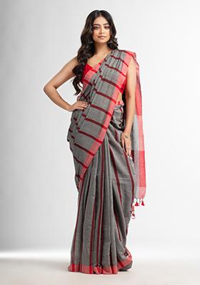Silver Solid Cotton Saree Set