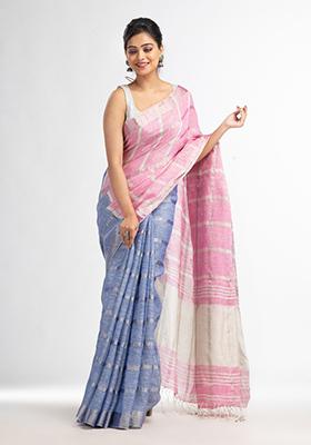 Pink Solid Linen Saree Set