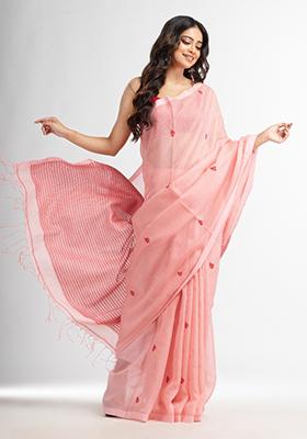Pink Solid Silk Cotton Saree Set