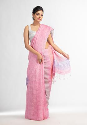Pink Solid Linen Saree Set